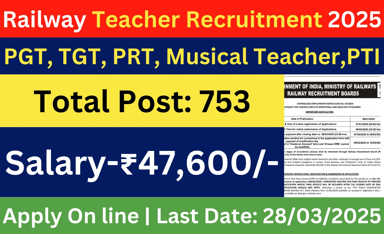 Railway Teacher Recruitment 2025 – 753 पदों पर भर्ती, पात्रता, आवेदन प्रक्रिया और सैलरी की जानकारी।