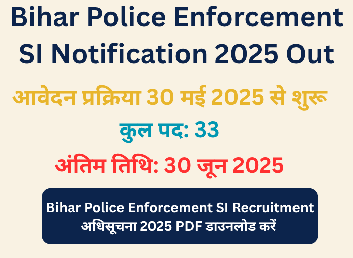 Bihar Police Enforcement SI Recruitment 2025 Notification with 33 Vacancies, Apply Online before 30 June