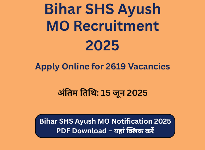 Bihar SHS Ayush MO Recruitment 2025 image showing 2619 vacancies, eligibility details, and last date to apply online