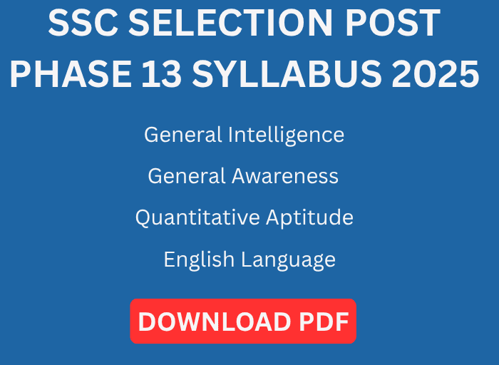 Graphic image showing SSC Selection Post Phase 13 Syllabus 2025 with subject-wise topics like General Intelligence, General Awareness, Quantitative Aptitude, and English Comprehension