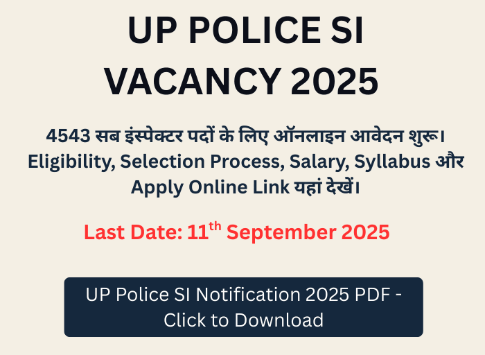 UP Police SI Vacancy 2025 latest notification, 4543 Sub Inspector recruitment, apply online