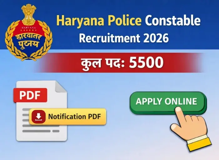Haryana Police Constable Recruitment 2026 notification image with 5500 vacancies apply online link