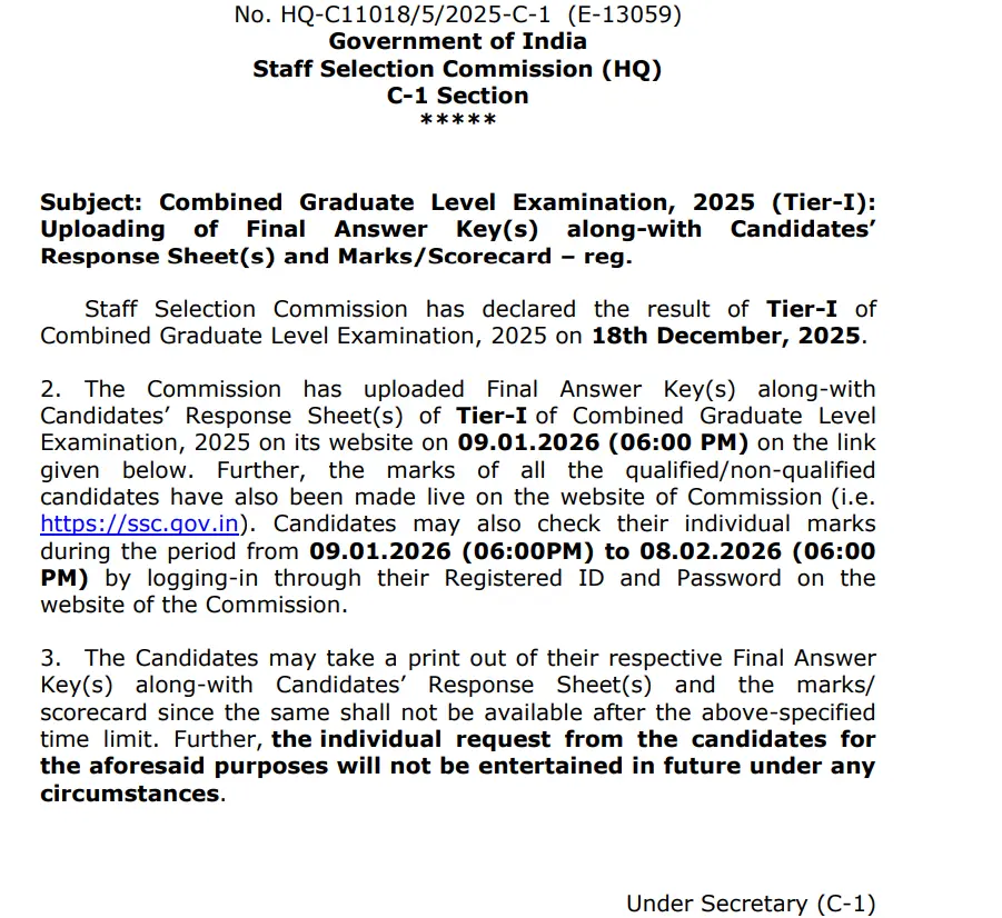 SSC CGL Tier 1 Final Answer Key 2025 और Scorecard जारी होने का SSC Official Notice